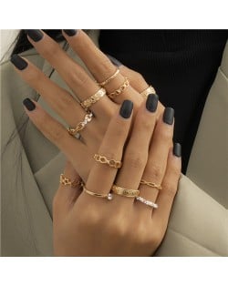 U.S Wholesale Fashion Jewelry Punk Style Bold Hollow Twist Design 12pcs Rings Set - Golden