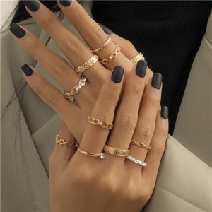 U.S Wholesale Fashion Jewelry Punk Style Bold Hollow Twist Design 12pcs Rings Set - Golden