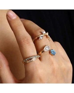 Wholesale Jewelry Ethnic Style Blue Rhinestone Flower and Leaves Shape Combo Women Statement Rings Set