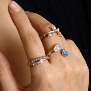 Wholesale Jewelry Ethnic Style Blue Rhinestone Flower and Leaves Shape Combo Women Statement Rings Set