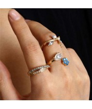 Wholesale Jewelry Ethnic Style Blue Rhinestone Flower and Leaves Shape Combo Women Statement Rings Set