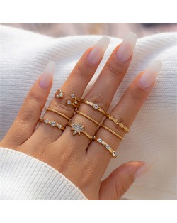 Simple Design Rhinestone Inlaid Wholesale Jewelry 10pcs Stylish Women Temperament Rings Set