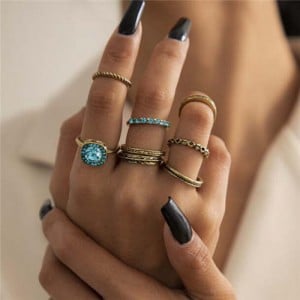 Resin Blue Gems Decorated Wholesale Jewelry Multiple Design Bold Fashion Rings Set