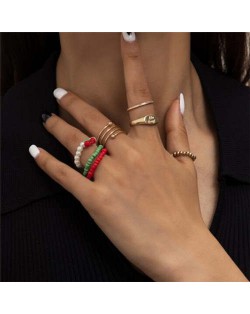 Bohemian Style Wholesale Jewelry Multicolor Beads Mix Hollow Line Open-end Women Fashion Rings Set