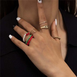 Bohemian Style Wholesale Jewelry Multicolor Beads Mix Hollow Line Open-end Women Fashion Rings Set