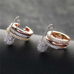 Wholesale Fashion Two-Toned Jewelry Cubic Zirconia Inlaid Pin Design Punk Style Copper Ear Clips
