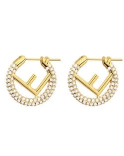 Creative Design Wholesale Jewelry Cubic Zirconia Embellished Reversed F Letter Golden Hoop Copper Earrings