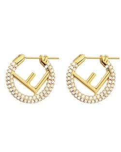 Creative Design Wholesale Jewelry Cubic Zirconia Embellished Reversed F Letter Golden Hoop Copper Earrings