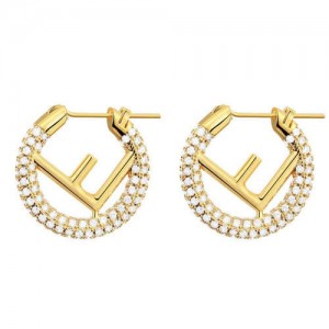 Creative Design Wholesale Jewelry Cubic Zirconia Embellished Reversed F Letter Golden Hoop Copper Earrings