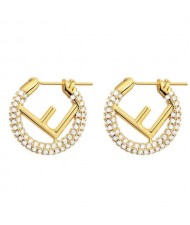 Creative Design Wholesale Jewelry Cubic Zirconia Embellished Reversed F Letter Golden Hoop Copper Earrings