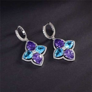 Wholesale Jewelry Glistening Cubic Zirconia Vintage Romantic Lily Flower Copper Earrings - Blue