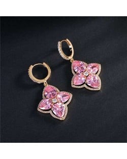 Wholesale Jewelry Glistening Cubic Zirconia Vintage Romantic Lily Flower Copper Earrings - Pink