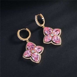 Wholesale Jewelry Glistening Cubic Zirconia Vintage Romantic Lily Flower Copper Earrings - Pink