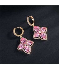 Wholesale Jewelry Glistening Cubic Zirconia Vintage Romantic Lily Flower Copper Earrings - Pink