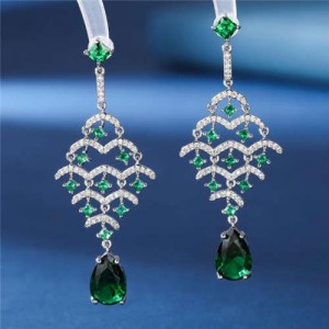 Luxurious Cubic Zirconia Inlaid Fish Scales Teardrop Design Charming Dangle Copper Earrings - Green