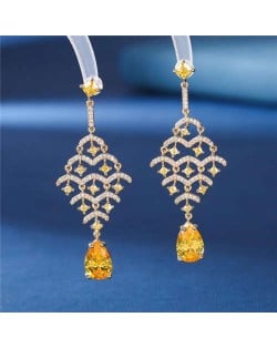 Luxurious Cubic Zirconia Inlaid Fish Scales Teardrop Design Charming Dangle Copper Earrings - Yellow