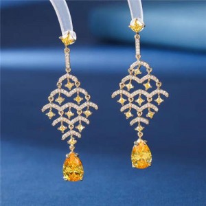 Luxurious Cubic Zirconia Inlaid Fish Scales Teardrop Design Charming Dangle Copper Earrings - Yellow