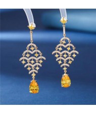 Luxurious Cubic Zirconia Inlaid Fish Scales Teardrop Design Charming Dangle Copper Earrings - Yellow