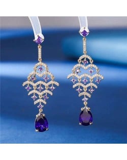 Luxurious Cubic Zirconia Inlaid Fish Scales Teardrop Design Charming Dangle Copper Earrings - Purple