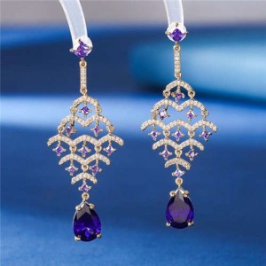 Luxurious Cubic Zirconia Inlaid Fish Scales Teardrop Design Charming Dangle Copper Earrings - Purple