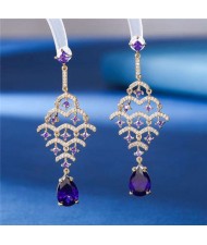 Luxurious Cubic Zirconia Inlaid Fish Scales Teardrop Design Charming Dangle Copper Earrings - Purple