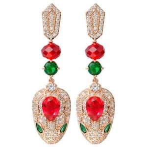 U.S Fashion Wholesale Jewelry Cubic Zirconia Cool Snake Head Pendant Copper Earrings - Red