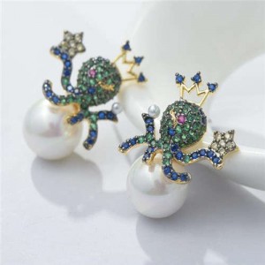 Korean Fashion Unique Design Octopus with Pearl Cubic Zirconia Copper Wholesale Earrings