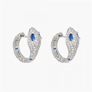 Shining Cubic Zirconia Wholesale Fashion Jewelry Blue Color Eyes Snake Copper Ear Studs