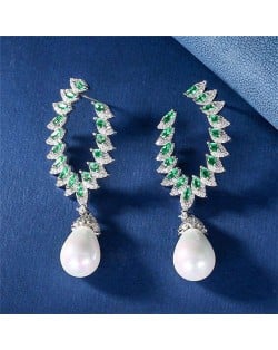 Luxurious Elegant Design Pearl Dangle Cubic Zirconia Copper Wholesale Earrings - Green