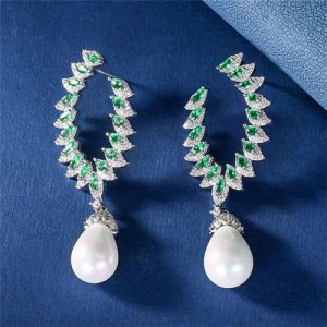 Luxurious Elegant Design Pearl Dangle Cubic Zirconia Copper Wholesale Earrings - Green