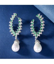 Luxurious Elegant Design Pearl Dangle Cubic Zirconia Copper Wholesale Earrings - Green