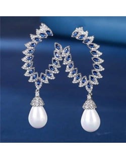 Luxurious Elegant Design Pearl Dangle Cubic Zirconia Copper Wholesale Earrings - Blue