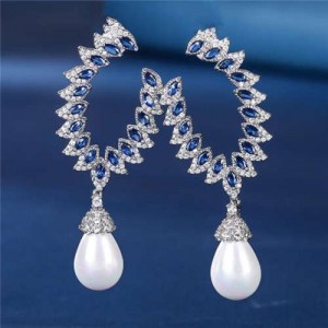 Luxurious Elegant Design Pearl Dangle Cubic Zirconia Copper Wholesale Earrings - Blue