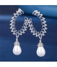 Luxurious Elegant Design Pearl Dangle Cubic Zirconia Copper Wholesale Earrings - Blue