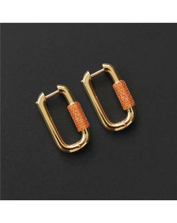 Simple Design U.S Fashion Wholesale Jewelry Rectangular Lock Hoop Earrings - Orange