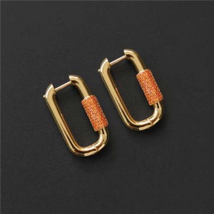 Simple Design U.S Fashion Wholesale Jewelry Rectangular Lock Hoop Earrings - Orange