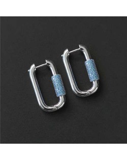 Simple Design U.S Fashion Wholesale Jewelry Rectangular Lock Hoop Earrings - Silver