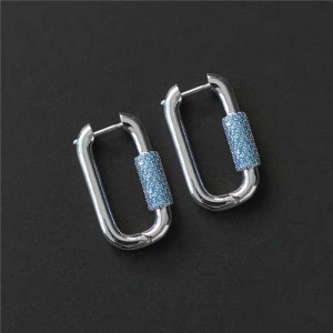 Simple Design U.S Fashion Wholesale Jewelry Rectangular Lock Hoop Earrings - Silver