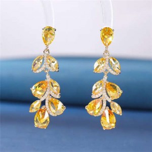 Noble Glistening Wholesale Jewelry Cubic Zirconia Leaves Drop Copper Chandelier Earrings - Yellow