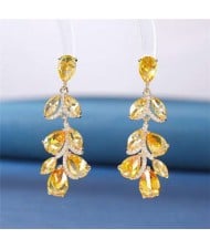 Noble Glistening Wholesale Jewelry Cubic Zirconia Leaves Drop Copper Chandelier Earrings - Yellow