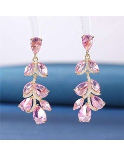 Noble Glistening Wholesale Jewelry Cubic Zirconia Leaves Drop Copper Chandelier Earrings - Pink