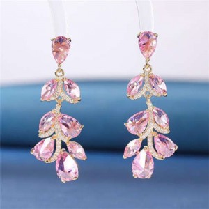 Noble Glistening Wholesale Jewelry Cubic Zirconia Leaves Drop Copper Chandelier Earrings - Pink