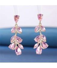 Noble Glistening Wholesale Jewelry Cubic Zirconia Leaves Drop Copper Chandelier Earrings - Pink