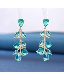 Noble Glistening Wholesale Jewelry Cubic Zirconia Leaves Drop Copper Chandelier Earrings - Green