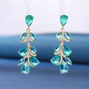 Noble Glistening Wholesale Jewelry Cubic Zirconia Leaves Drop Copper Chandelier Earrings - Green