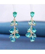 Noble Glistening Wholesale Jewelry Cubic Zirconia Leaves Drop Copper Chandelier Earrings - Green