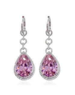 Bold Fashion Wholesale Jewelry Super Shining Cubic Ziconia Waterdrop Pendant Copper Earrings - Pink