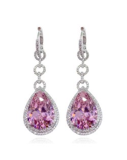 Bold Fashion Wholesale Jewelry Super Shining Cubic Ziconia Waterdrop Pendant Copper Earrings - Pink