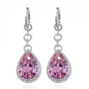 Bold Fashion Wholesale Jewelry Super Shining Cubic Ziconia Waterdrop Pendant Copper Earrings - Pink