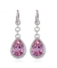 Bold Fashion Wholesale Jewelry Super Shining Cubic Ziconia Waterdrop Pendant Copper Earrings - Pink